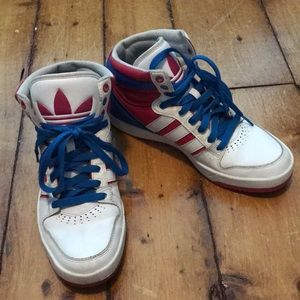 Adidas hightops, red, white and blue